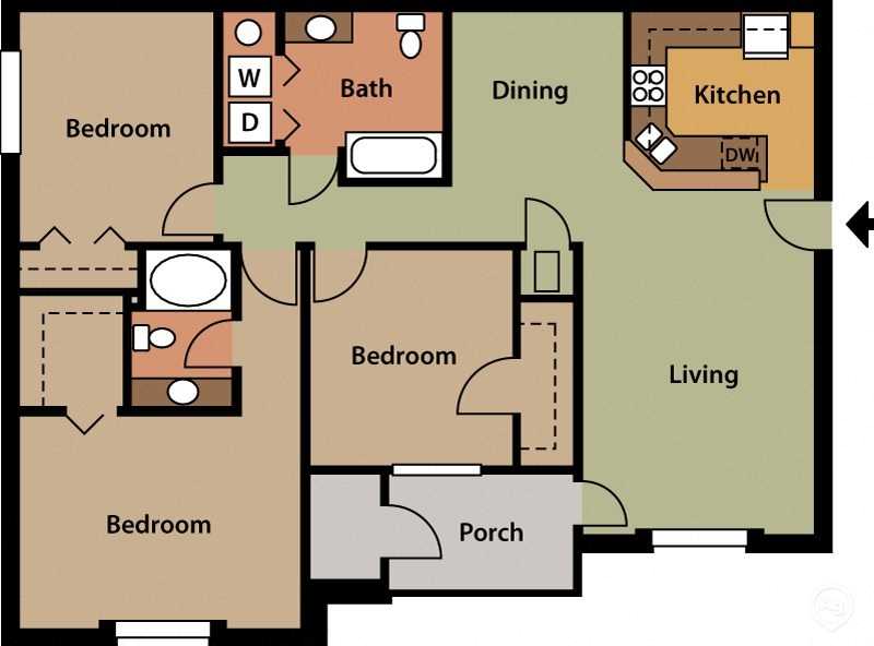 Floor plan for 3 beds, 2 baths, 1420 sqft